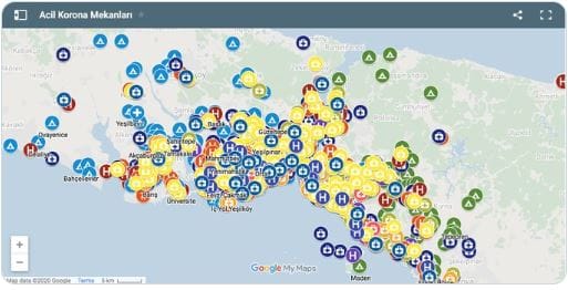 ACİL KORONA MEKANLARI AĞI, işlevlendirilebilecek; kongre fuar alanları, okullar, oteller, hastanelerin bulunduğu İstanbul haritasını tamamlandı