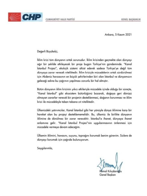 Kılıçdaroğlu’ndan büyükelçilere ‘Kanal İstanbul’ mektubu