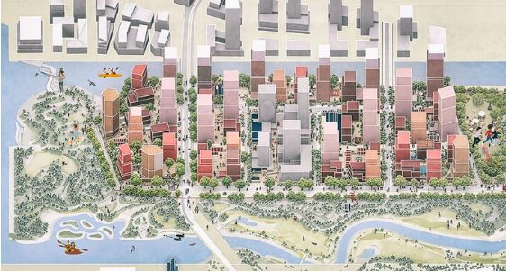 Toronto'nun Port Lands bölgesinde kamusal alanlar ve sokak düzenlemeleri